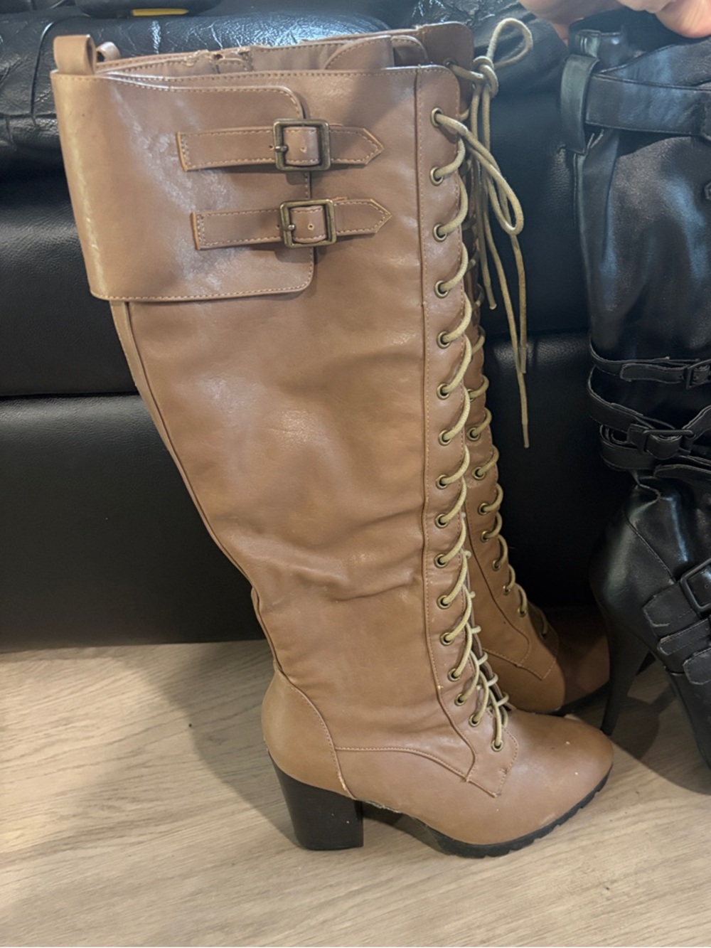 Women’s Knee-High chunky heel Lace-Up Buckle Boots Brown 8
